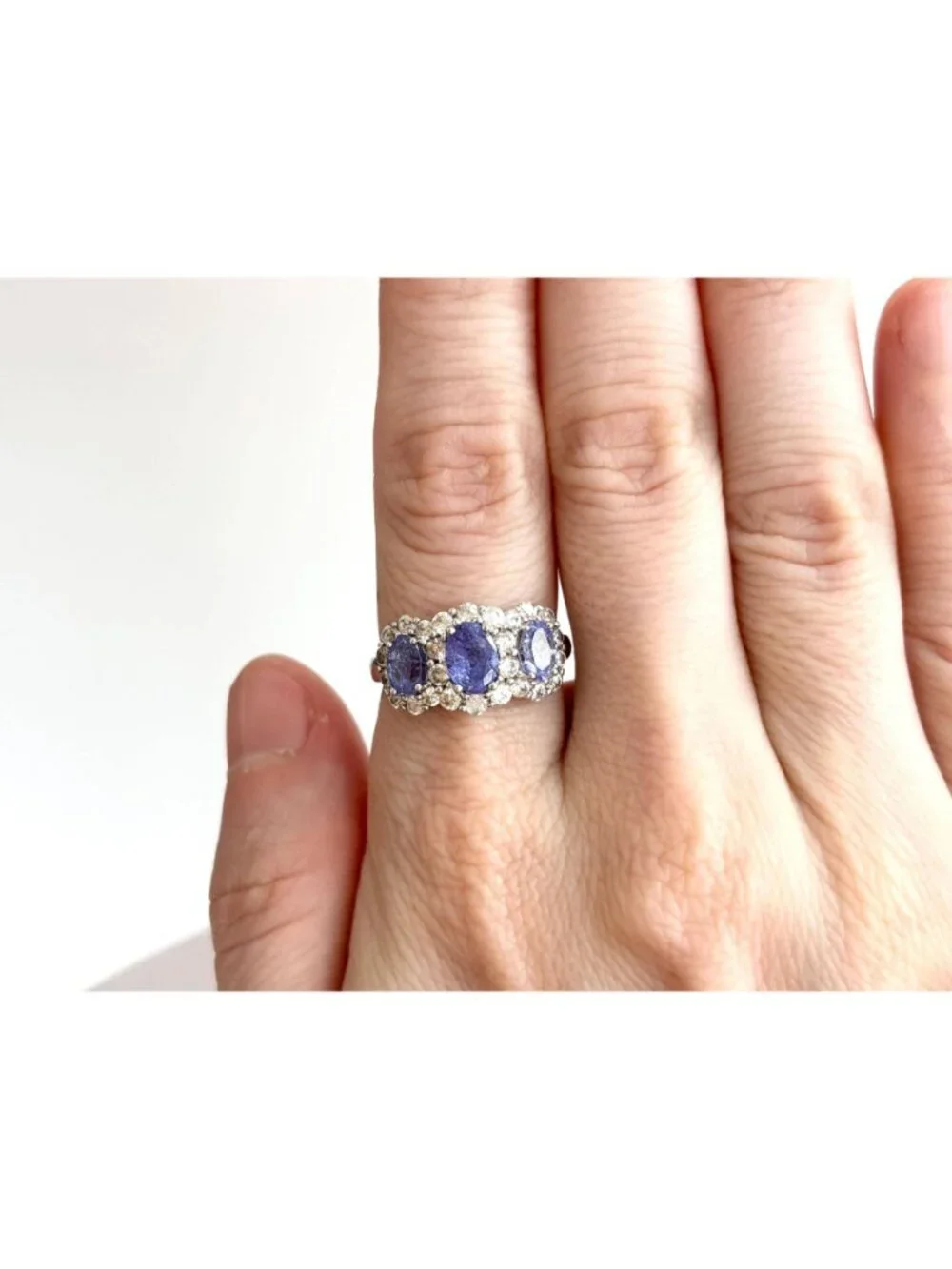 Tanzanite Gemstone Triple Oval Cut Halo Sterling Silver 925 Vintage Ring - sz 8